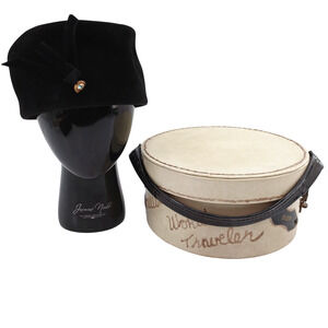 Vintage Merrimac Black Velour Peachbloom Pillbox Hat USA Union Made with Case